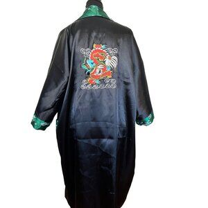 Green Satin Dragon Kimono Robe Sash Unisex Large Big Pockets Reversible Lounge